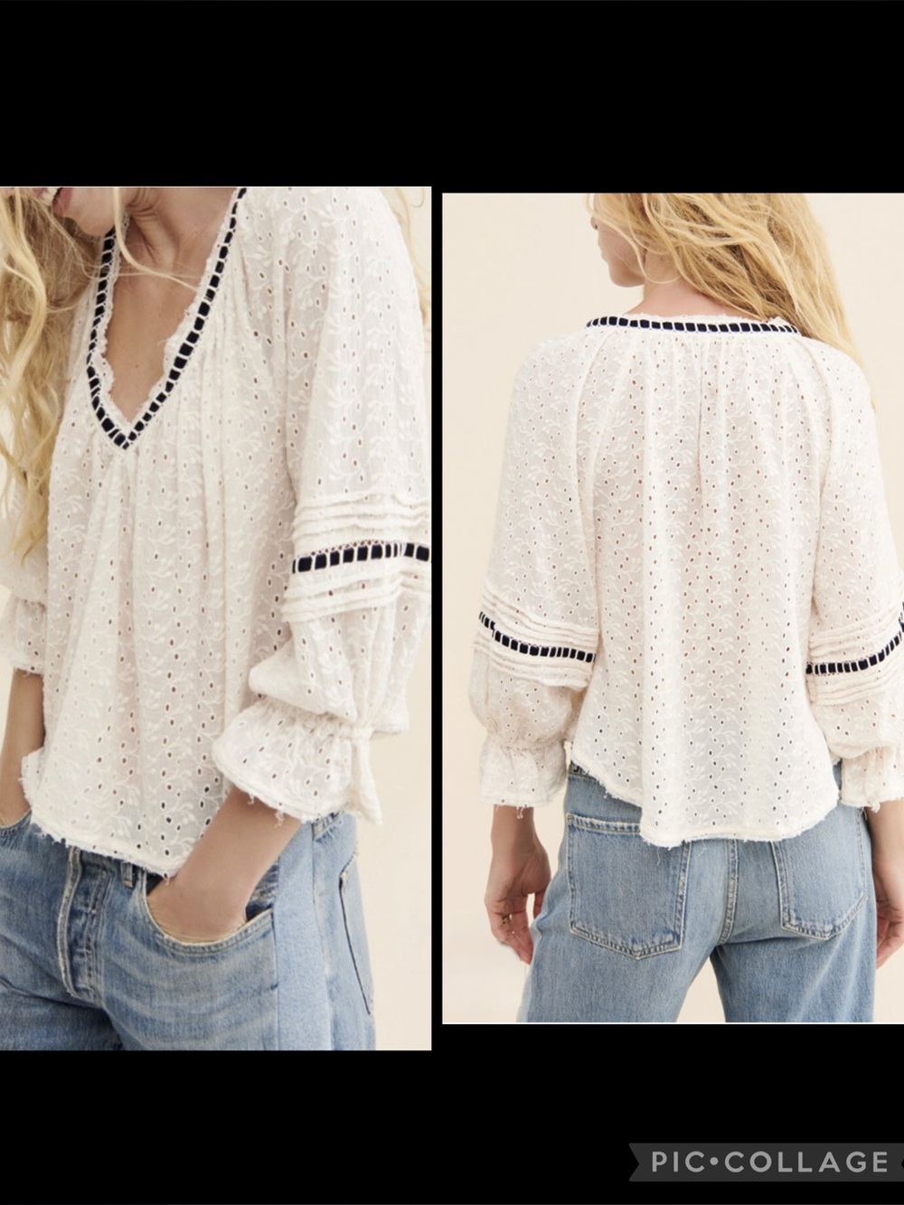 Free People Women’s Medium White Black Darcy Eyelet Blouse Crop Top